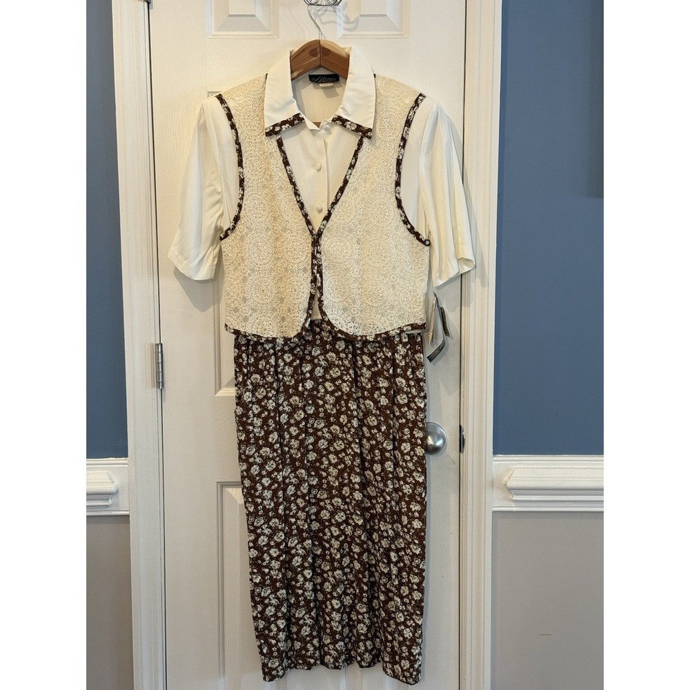 Vtg Alexis‎ NWT Brown Floral Cream Lace Vest Midi Dress Pockets M/L Cottage USA